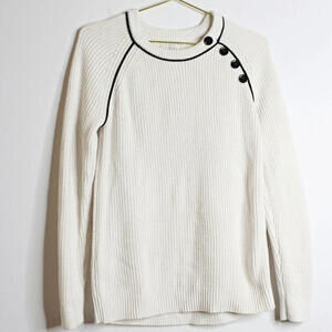 LOFT Cream Knit Crew Neck Sweater with Button & Piping Detail - M